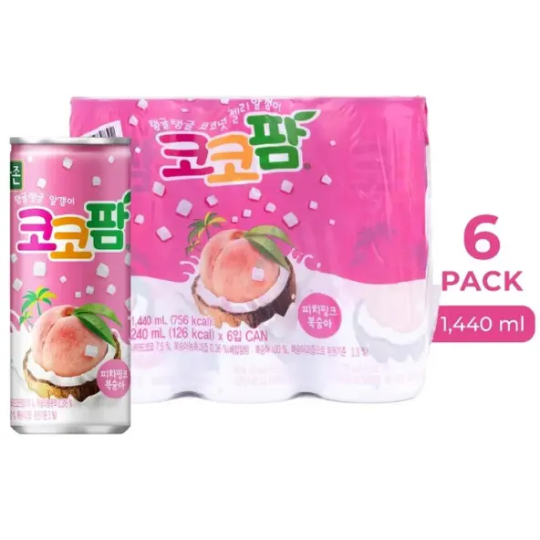 HAITAI Coco Palm Peach Drink 340ml x 6 Cans | Korean Peach Juice with Coconut Jelly